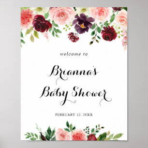 Poster Bourgogne Purple Spring Baby shower Floral Bienven
