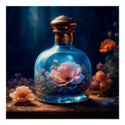 Poster Bouteille de parfum bleu floral (Devant)