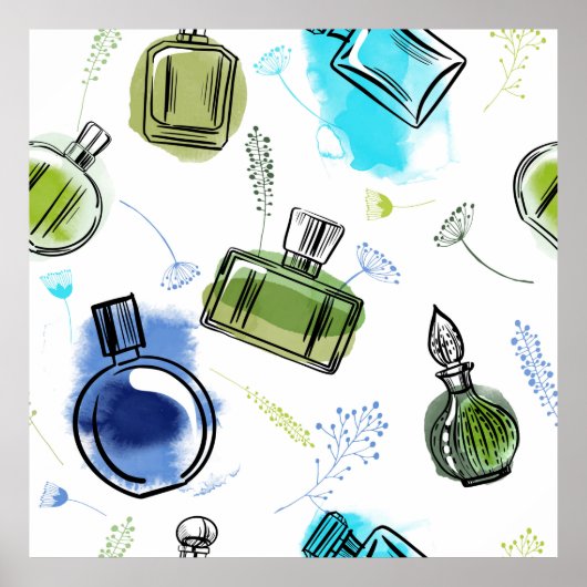 Poster Bouteille de parfum motif sans soudure et texte aq (Devant)