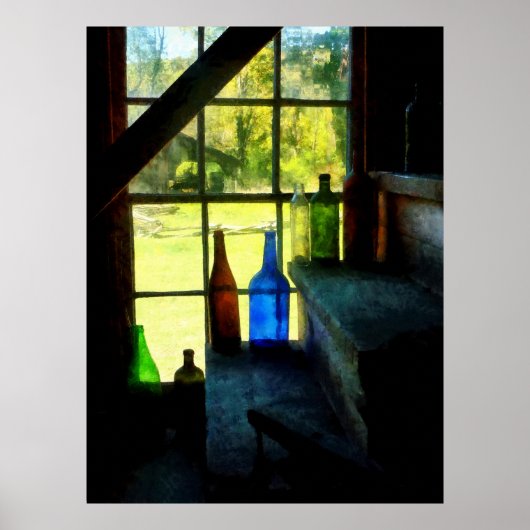 Poster Bouteilles colorées sur les marches (Devant)