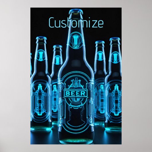 Poster Bouteilles de bière de néon bleu (Devant)