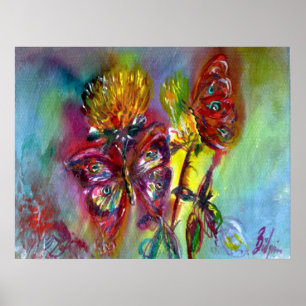 POSTER BOUTEILLES ROUGES SUR THISTLES JAUNES, CIEL BLEU F