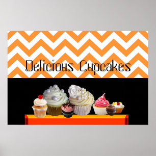 POSTER BOUTIQUE DE DÉLICIEUX GÂTEAUX ORANGE BLANC CHEVRON