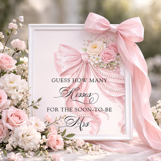 Poster Bow Floral How Many Kisses Bridal Shower Game