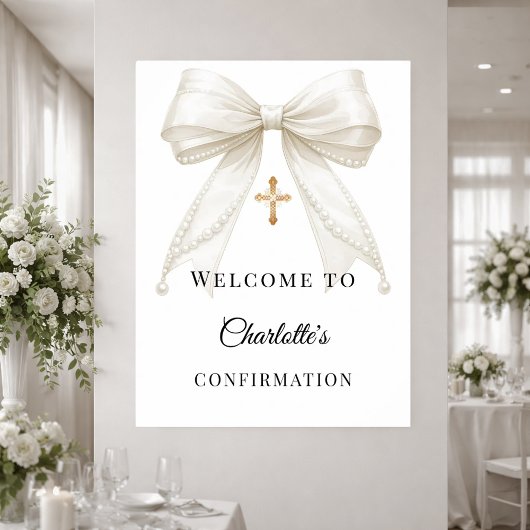 Poster Bow ivory pearls Confirmation welcome