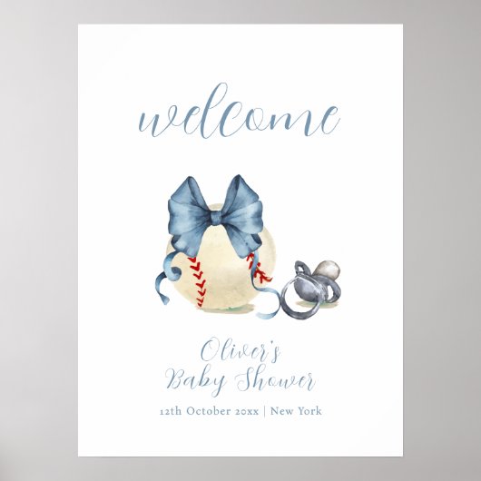 Poster Bow Pacifier Baseball Sport Baby Shower Welcome (Devant)