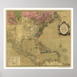 Poster Bowles a détaillé la carte de l'Amérique - 1784