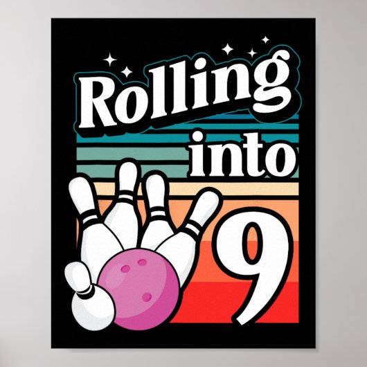 Poster Bowling Party Rolling En 9 Bowling Anniversaire (Devant)