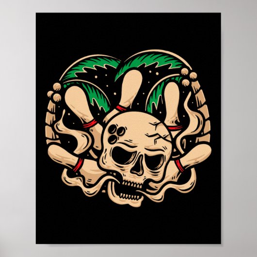 Poster Bowling Pins Retro Skull Skeleton Head Bowling Ll (Devant)