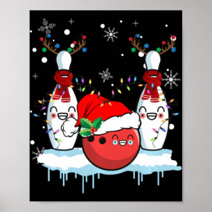 Poster Bowling Reindeer Santa Hat Christmas Bowling Lover