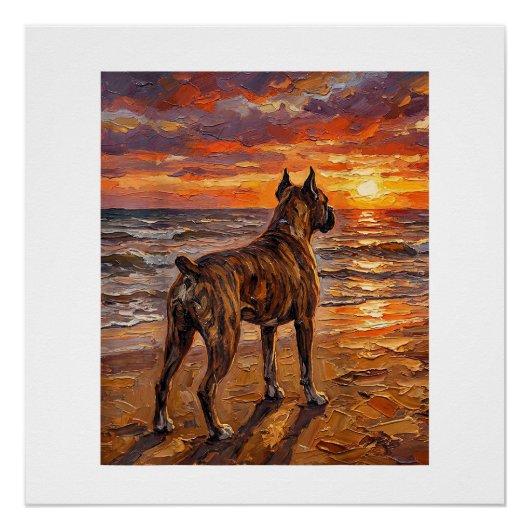Poster Boxer bringé à Sunset Beach Cadeau d'art de chien (Devant)