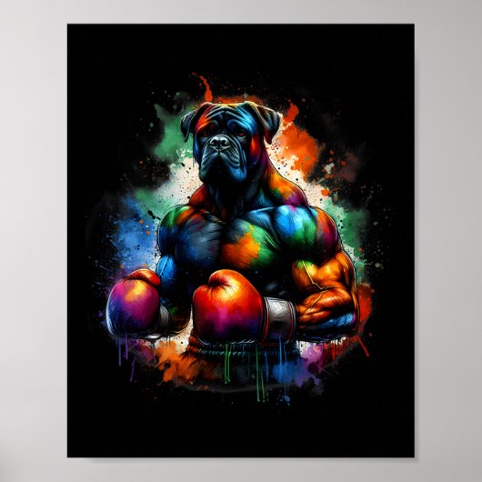 Poster Boxer chien de kickboxing ou boxe drôle éclaboussu (Devant)
