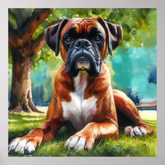 Poster Boxer Dog in the Park - Watercolor Style Art (Devant)