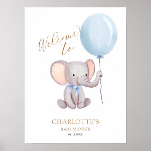 Poster Boy Blue Balloon Elephant Baby shower Bienvenue