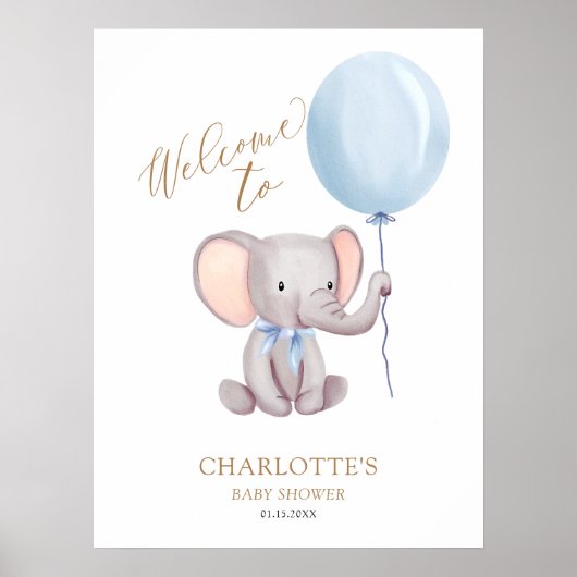 Poster Boy Blue Balloon Elephant Baby shower Bienvenue (Devant)