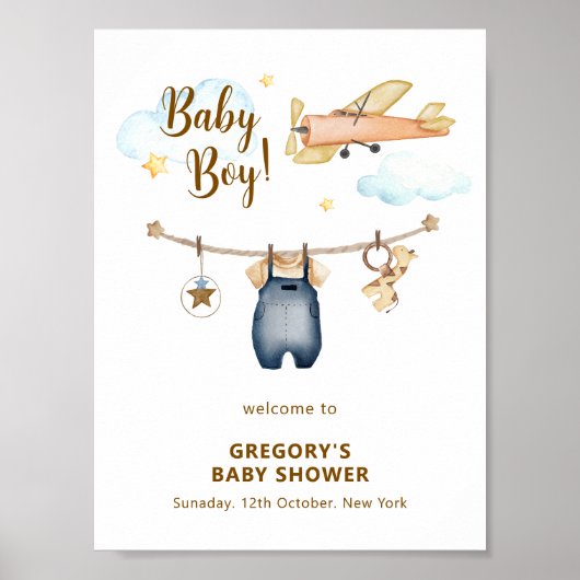 Poster Boy Clothesline Airplane Sky Baby Shower Welcome  (Devant)