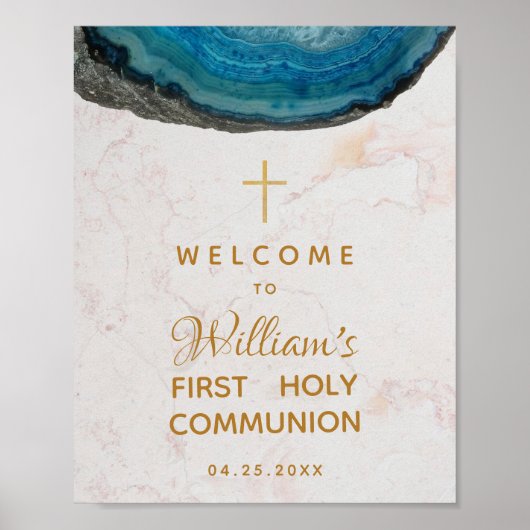 Poster Boy First Communion Blue Geode Marbre Bienvenue (Devant)