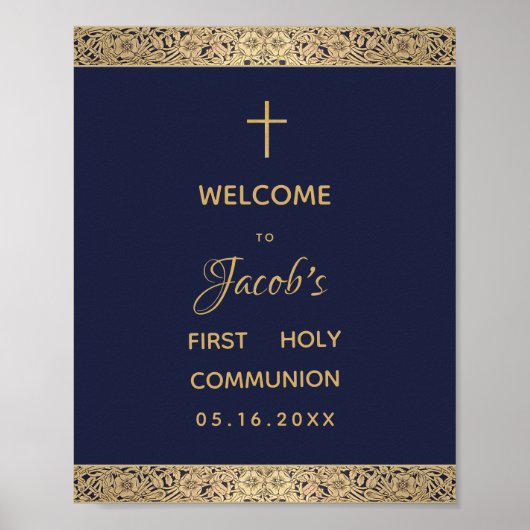 Poster Boy First Communion Marine Blue Gold Roses Bienven (Devant)