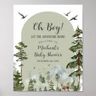 Poster Boy Pine Tree Forest Mountain Baby shower Bienvenu