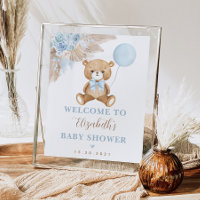 Boy Teddy Bear Boho Blue Floral Pampas Bienvenue