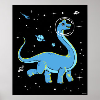 Poster Brachiosaurus Bleu Dinos Dans L'Espace