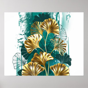 Poster Branche avec Feuilles d'or Ginko Biloba