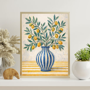 Poster Branche de citron méditerranéen dans un vase bleu 