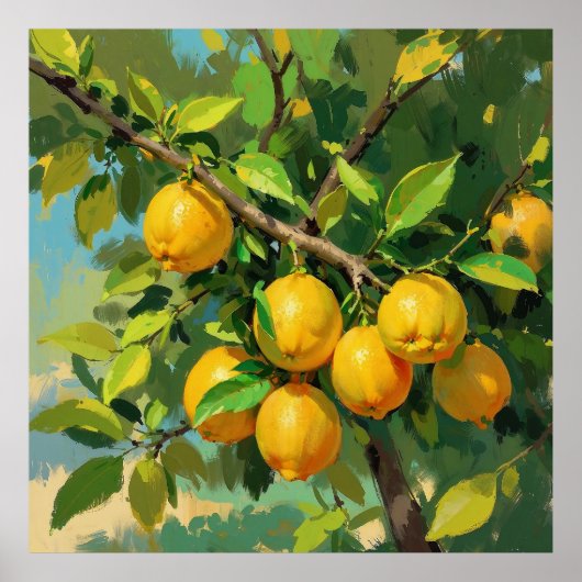Poster Branche de citrons avec fruits jaune vif (Devant)