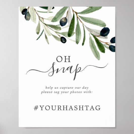 Poster Branche Olive moderne Oh Snap Mariage Hashtag (Devant)