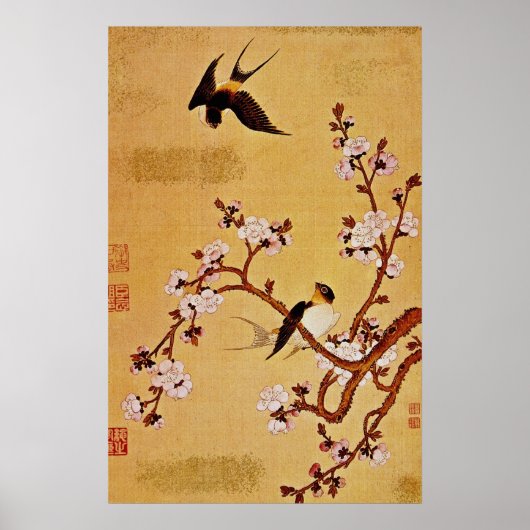 Poster Branches blanches d'hirondelles et de fleurs, Chia (Devant)