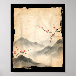 Poster Branches de fleurs de Sakura Peinture à l'encre ja