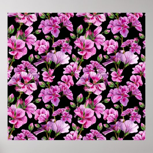 Poster Branches de géranium, bourgeons roses aquarelles. (Devant)