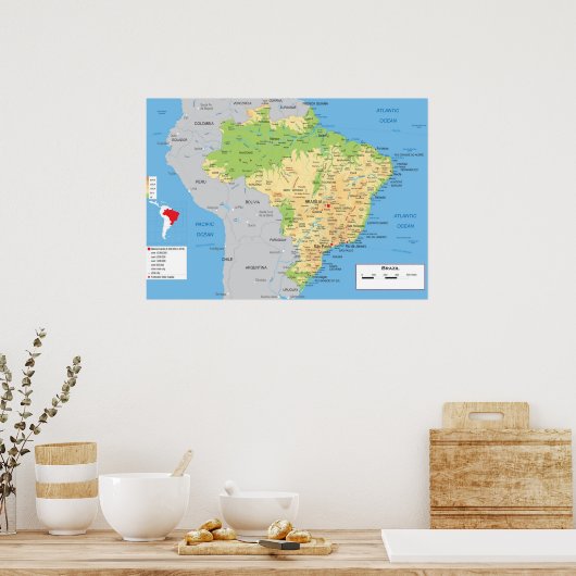 Poster " Brésil : Carte physique ... (Cuisine)