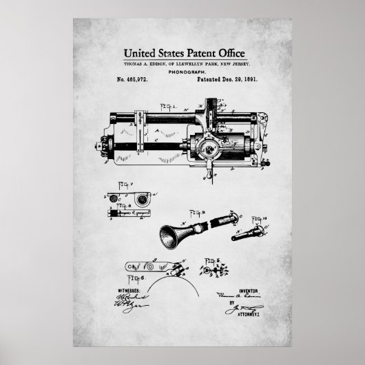 Poster Brevet américain - Phonographe cylindrique (Devant)