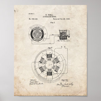 Poster Brevet de moteur alternatif Tesla - Vieux look