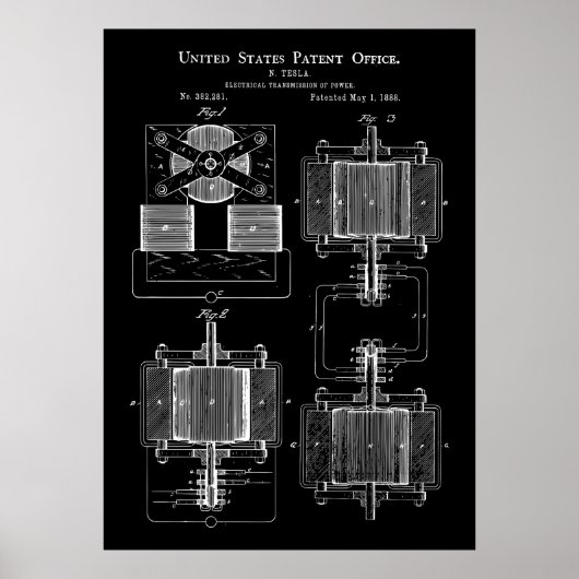 Poster Brevet Tesla Power Transmitter 1888 (Devant)