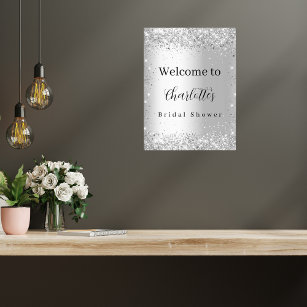 Poster Bridal Shower silver glitter name script welcome