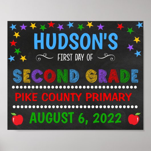 Poster Bright Chalkboard First Day of Second Grade Sign (Devant)