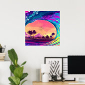 Poster Bright Neon Rolling Wave With Palm Trees (Bureau à domicile)