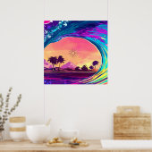 Poster Bright Neon Rolling Wave With Palm Trees (Cuisine)