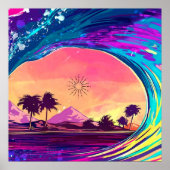 Poster Bright Neon Rolling Wave With Palm Trees (Devant)