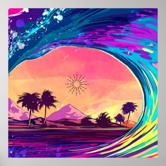 Poster Bright Neon Rolling Wave With Palm Trees (Devant)