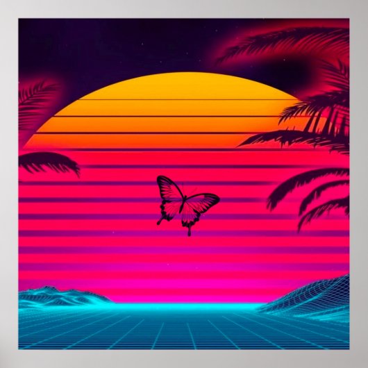 Poster Bright Neon Sunrise to Sunset Sun and a Butterfly (Devant)
