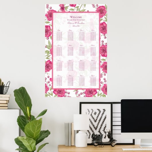 Poster Bright Pink Rose Wedding Seating Chart (Bureau à domicile)