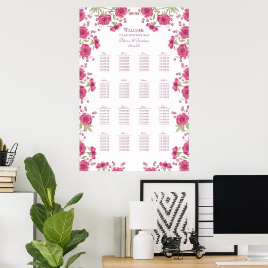 Poster Bright Pink Rose Wedding Seating Chart (Bureau à domicile)