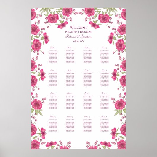 Poster Bright Pink Rose Wedding Seating Chart (Devant)