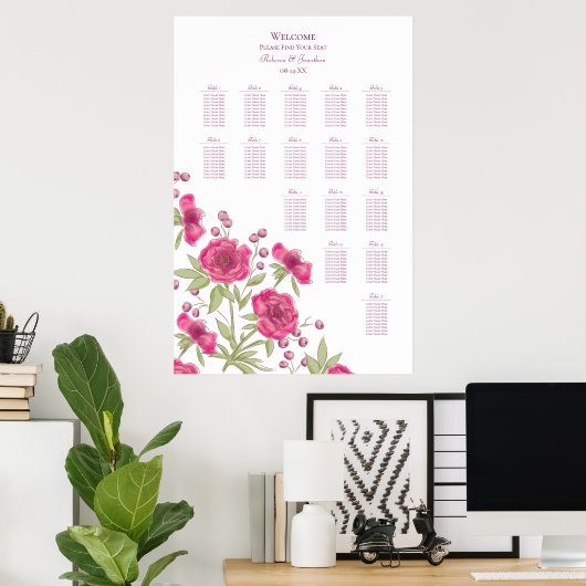 Poster Bright Pink Rose Wedding Seating Chart (Bureau à domicile)