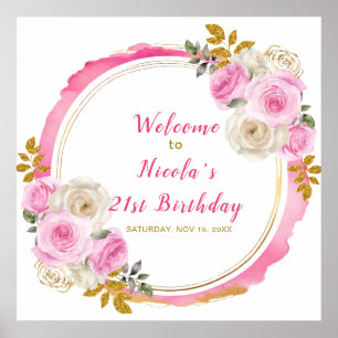 Poster Bright Rose and Gold Elegant Flowe Anniversaire