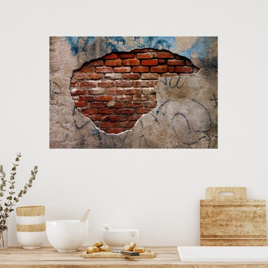 Poster Brique Rouge Sous Graffiti Mur de ciment Lacée (Cuisine)