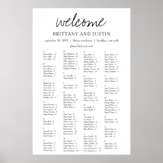 Poster Brittany Elegant Alphabetical Seating Chart (Devant)